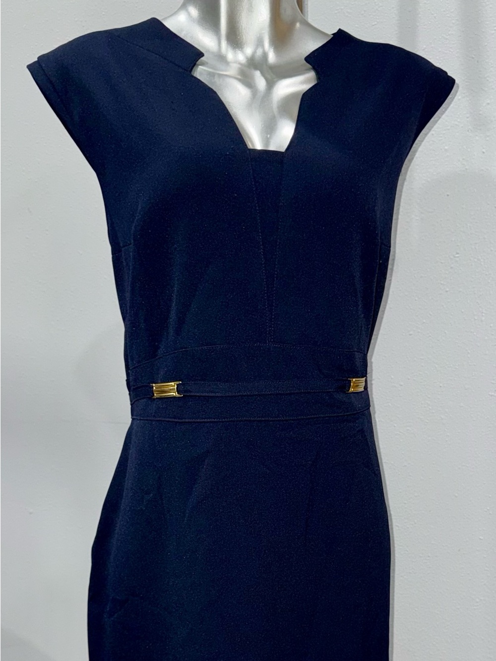 Navy Midi Sheath Dress with Gold Waist Accents